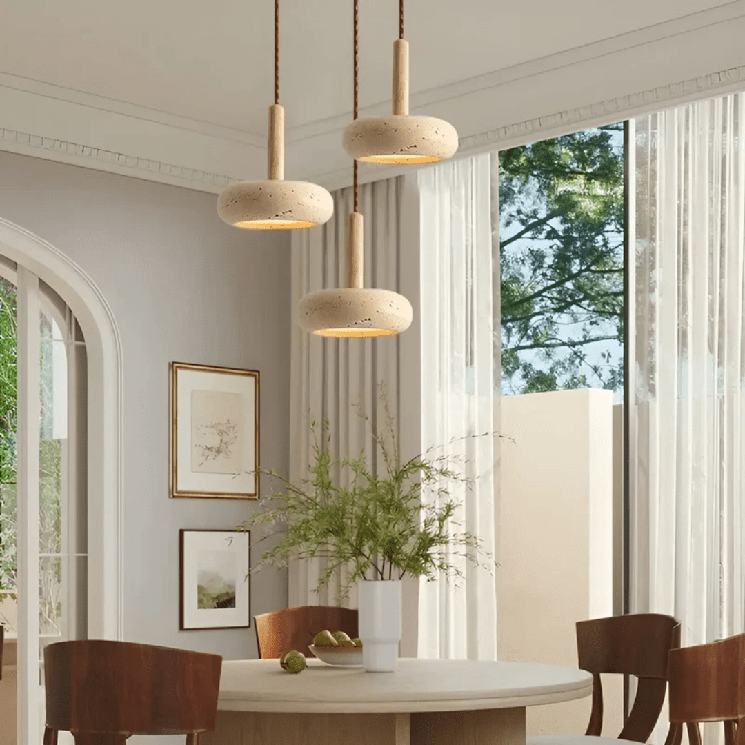 TRANQUILHALO – Retro LED ceiling light made of wood and stone for a calm atmosphere