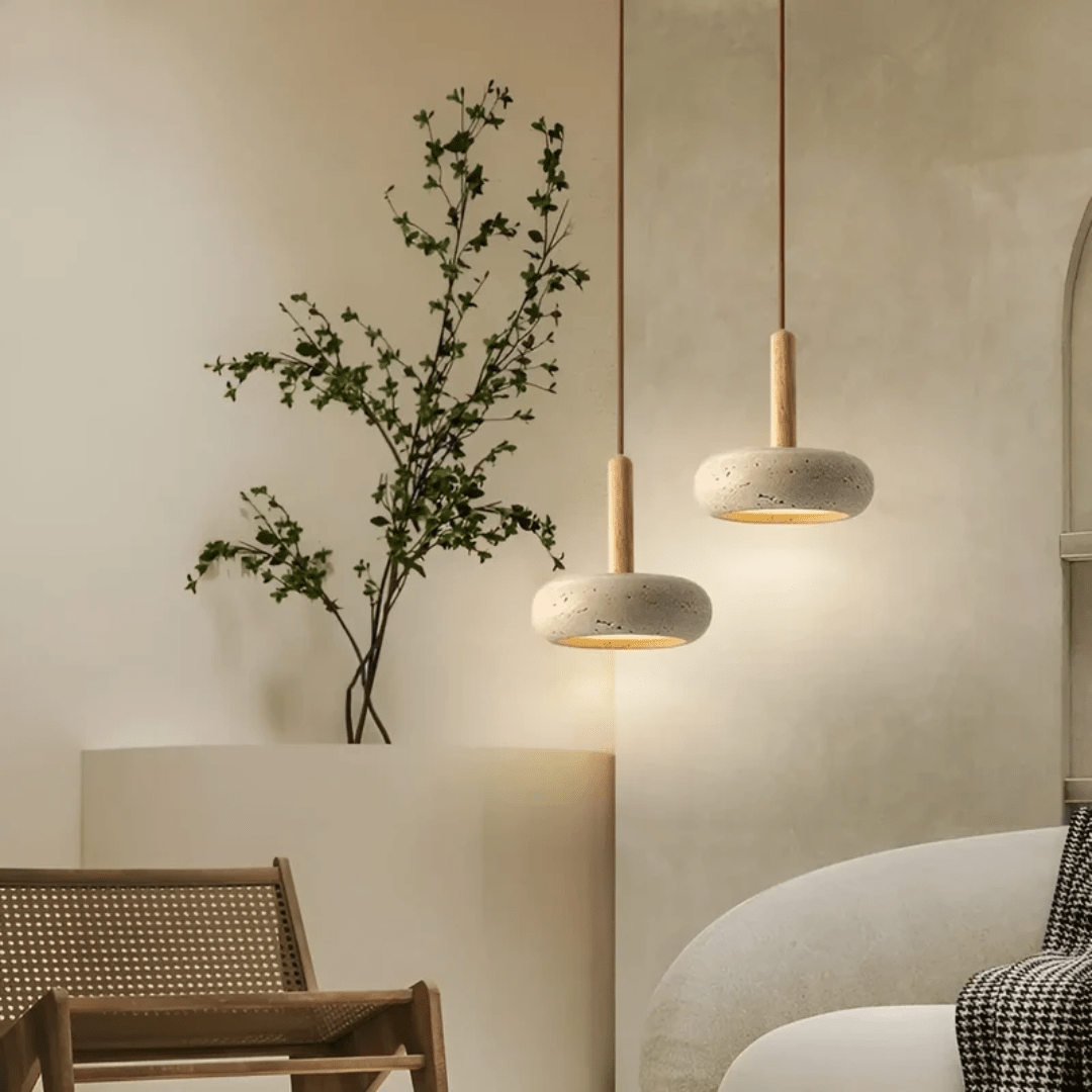 TRANQUILHALO – Retro LED ceiling light made of wood and stone for a calm atmosphere