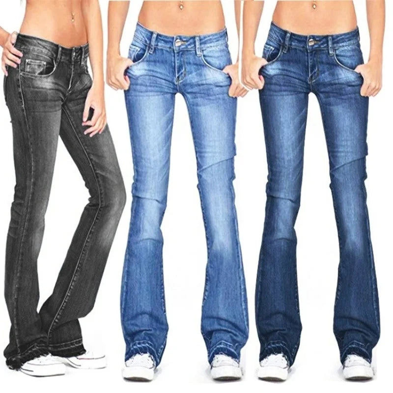 Women's Denim Low-Rise Flared Jeans with Casual Vintage Look & Flared Leg | Glevato