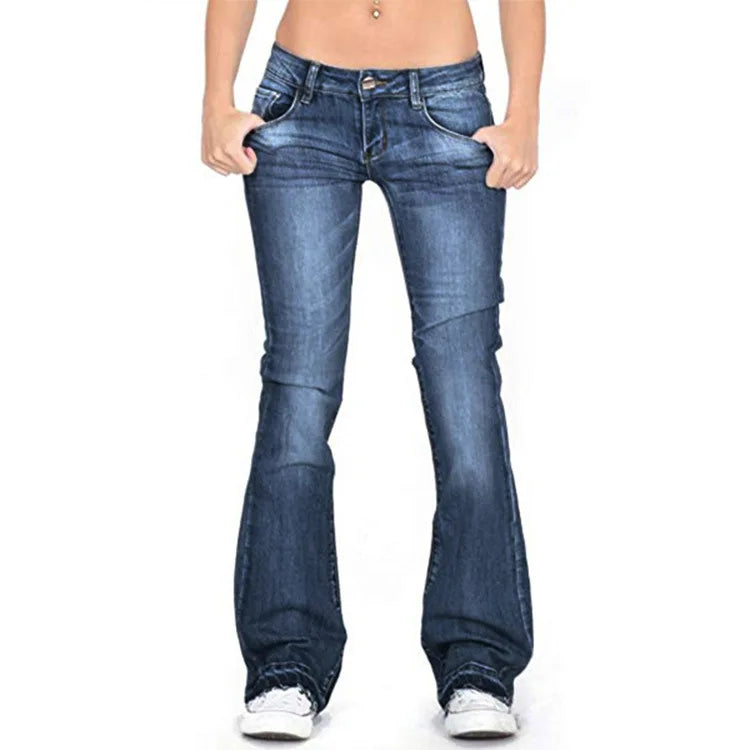 Women's Denim Low-Rise Flared Jeans with Casual Vintage Look & Flared Leg | Glevato