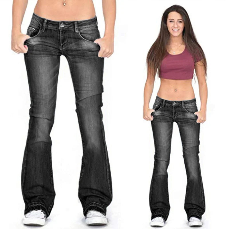 Women's Denim Low-Rise Flared Jeans with Casual Vintage Look & Flared Leg | Glevato
