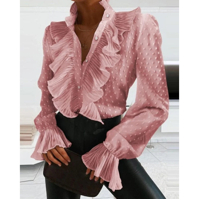 Women's Long Sleeve Buttoned Deep V-Neck Blouse