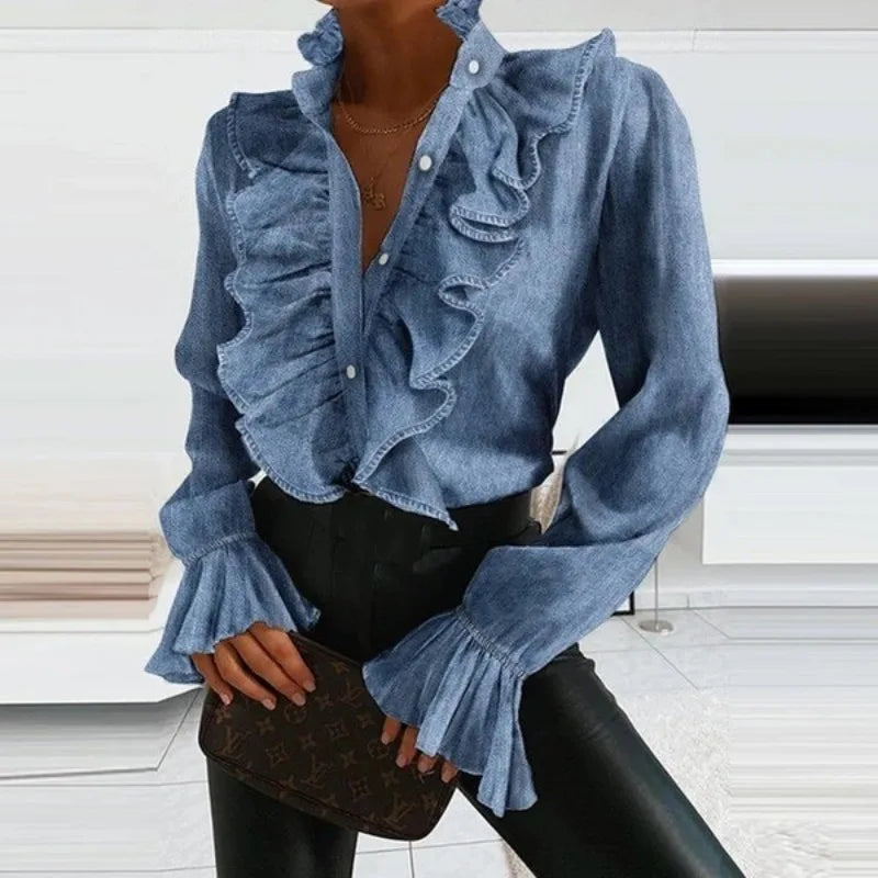Women's Long Sleeve Buttoned Deep V-Neck Blouse