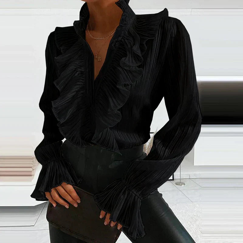 Women's Long Sleeve Buttoned Deep V-Neck Blouse