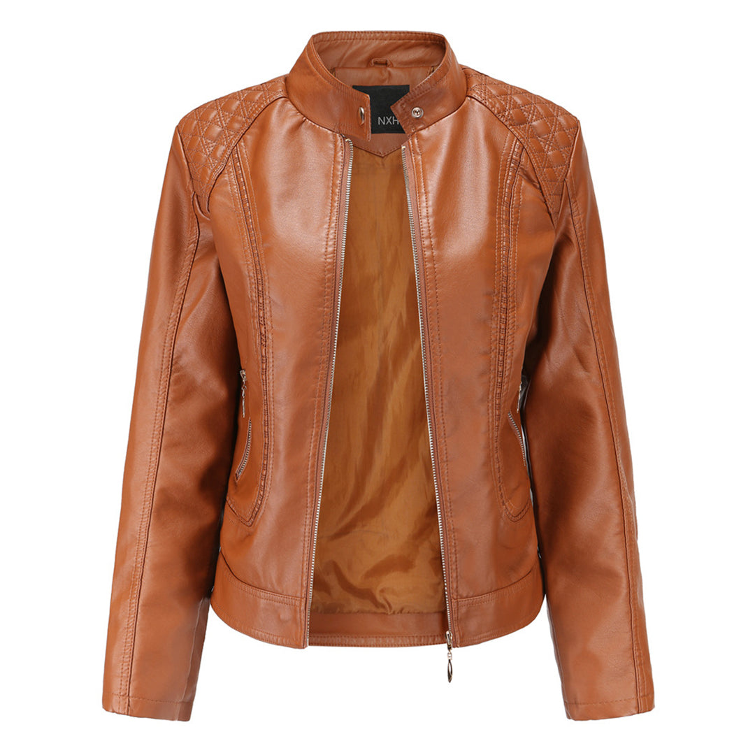 Women's Stand-Up Collar Leather Jacket - Autumn Edition